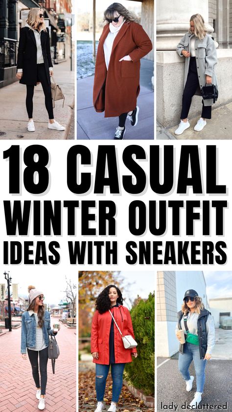 18 Casual Winter Outfit Ideas with Sneakers White Sneakers Outfit Winter Casual, Winter Casual Jeans Outfit, Winter Outfit Tennis Shoes, Casual Date Night Outfit Winter Sneakers, Sneaker Outfit Ideas For Women, White Sneaker Outfit Winter, Tennis Shoe Outfits Winter, Winter Outfits With Trainers, Sneakers In Winter Outfit