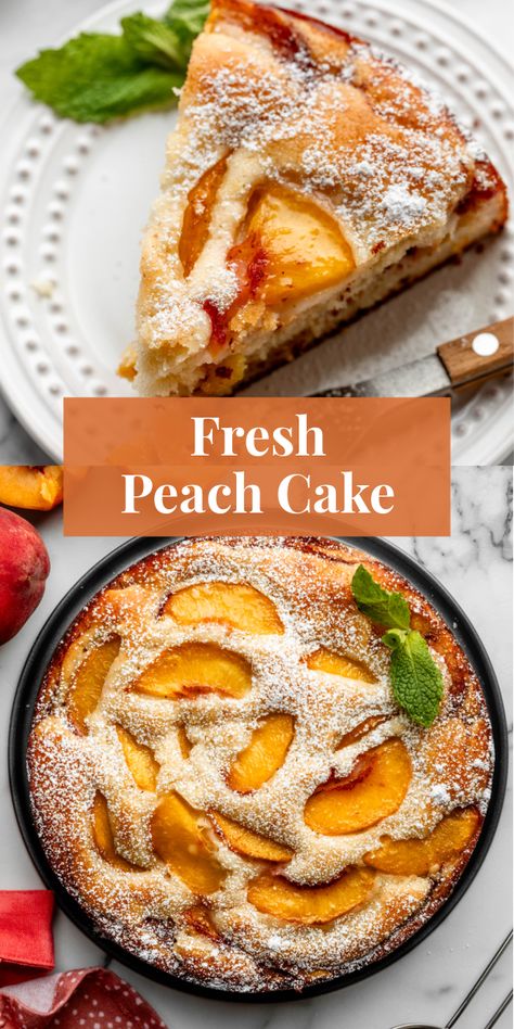 Try this easy recipe for fresh peach cake when peaches are in season. Soft & tender with a light sugar topping and 2 layers of juicy peaches. #summerdesserts #peach #cake Fresh Peach Cake, Peach Pound Cake, Peach Cake Recipes, Peach Pound Cakes, Peach Dessert Recipes, Soft Cake, Peach Desserts, Peach Cake, Homemade Cake