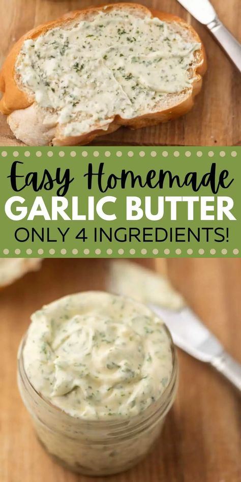 You are going to love this easy homemade garlic butter recipe that is perfect for bread or for steak. This easy recipe only requires 4 ingredients and makes the best garlic bread ever! You are going to love this garlic butter recipe! Easy Homemade Garlic Butter, Seasoned Butter For Bread, Compound Garlic Butter, Homemade Garlic Butter For Garlic Bread, Homemade Garlic Butter Spread, Spreads For Sourdough Bread, Butter Spreads For Bread, Flavored Butter Recipes For Bread, Garlic Butter Recipe Homemade