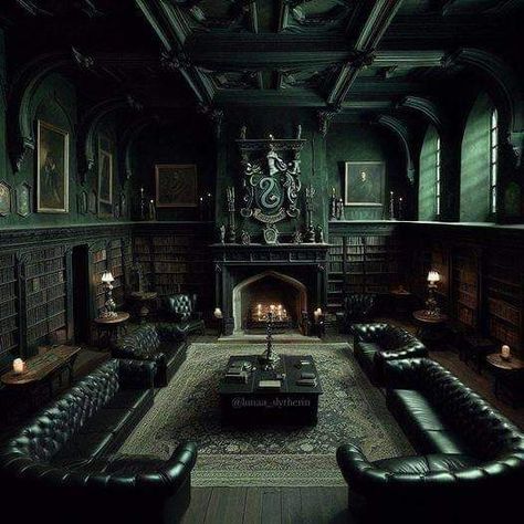 Slytherin Common Room Harry Potter House Interior, Living At Hogwarts Aesthetic, Slytherin Dormitory Aesthetic, Gothic Mansion Living Room, Hogwarts Common Rooms Slytherin, Slytherin Interior Design, Castle Living Room Aesthetic, Slytherin Dorm Aesthetic, Slytherin Living Room