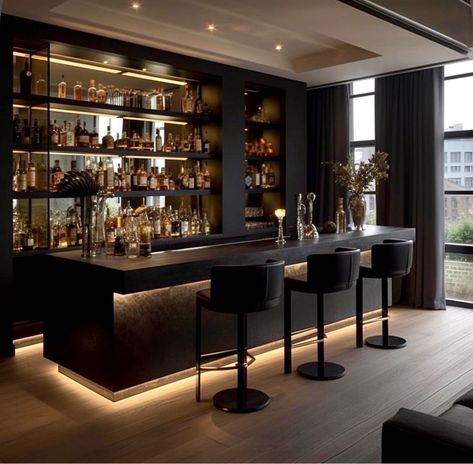 Black Marble Bar Design, Modern Home Bar Designs Luxury Living Room, Modern Bar Area In Living Room, Media Room With Kitchenette, Wine Room With Bar, Luxury Home Bars, Bar Lounge In House, House Bar Interior Design, Modern Bar In House