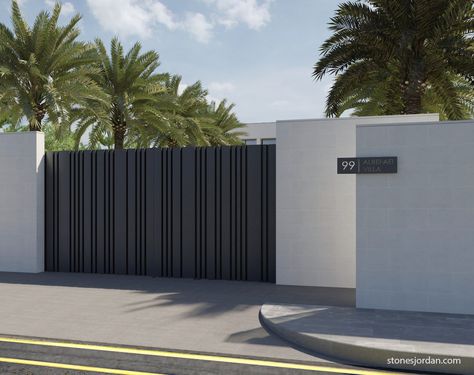 Villa Gate Design Modern, Compound Gate Design Modern Entrance, Residence Gate Design, Modern House Gate Design, House Fence Design Gates, Villa Entrance Design Exterior, Exterior Fence Wall Design, Fence Wall Design Modern, Wall Fence Design Modern