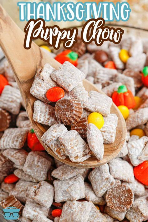 Thanksgiving Puppy Chow is your favorite sweet treat turned it into a fun Thanksgiving inspired snack with festive candy pumpkins, Reese’s pieces, and more! Thanksgiving School Treats, Candy Pumpkins, Puppy Chow Chex Mix Recipe, Thanksgiving Snacks, Puppy Chow Recipes, Chex Mix Recipes, Muddy Buddies, Country Cook, Thanksgiving Treats