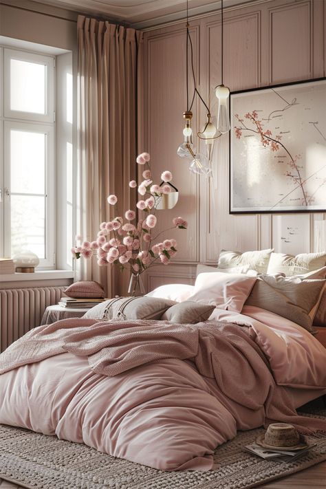 Blush Haven • Morning light pours in, adding a glow to a room awash with blush tones • A luxuriously soft duvet in dusty rose lies in gentle folds, promising warmth and comfort • Delicate pink blossoms in a clear vase whisper of spring, while abstract art adorns the paneled wall • Unique pendant lights dangle with an artistic flair • This sanctuary marries the romance of rosy hues with the sophistication of modern design, creating a dreamy retreat where one can unwind in style. Dusty Rose Bedroom Ideas Boho, Blush Pink And Cream Bedroom, Pink And Champagne Bedroom, Neutrals And Pink Bedroom, Light Pink Modern Bedroom, Rose Colored Bedroom Ideas, Chic Feminine Bedroom, Modern Blush Bedroom, Rose And Cream Bedroom