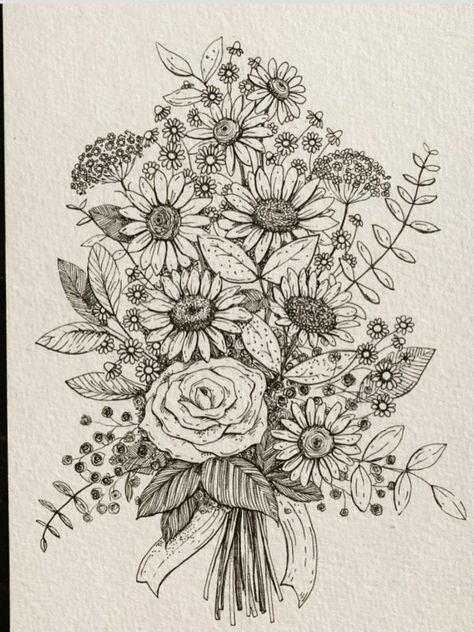 Flower Bouquet Drawing Realistic, Sketch Flower Bouquet, Flower Drawings Bouquet, Floral Arrangement Drawing, Bouquet Drawing Reference, Wild Flower Bouquet Drawing, Flower Arrangements Drawing, Flower Drawing Inspiration, Different Types Of Flowers Drawing