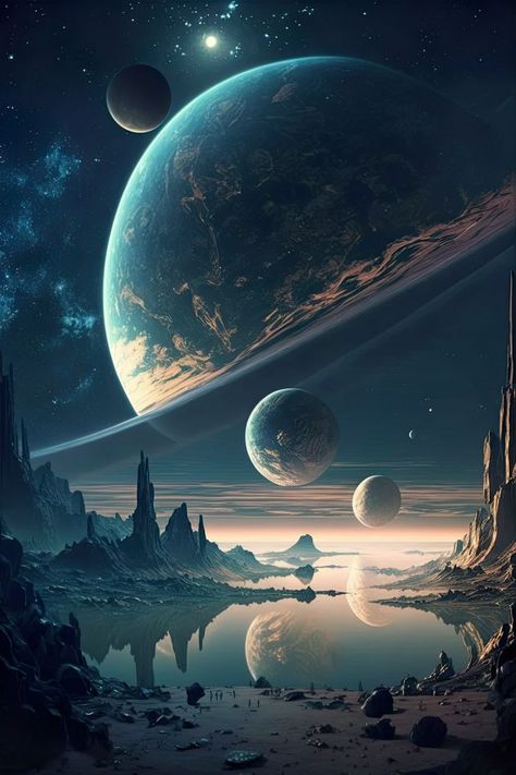 Planets In The Sky, Galaxies Wallpaper, Heaven Art, Planets Wallpaper, Space Artwork, Wallpaper Earth, Space Fantasy, Planets Art, Alien Planet