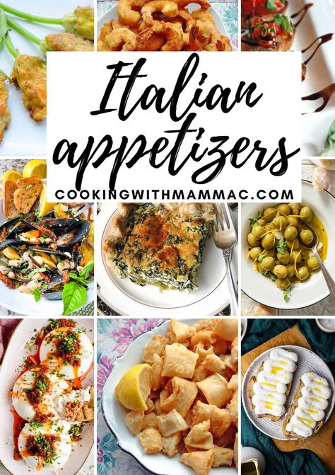 Looking for Italian appetizers? Here's a delicious collection of Italian starters, including antipasto, vegetarian, meat and seafood options! Get the recipes you need for the holidays or any festive gathering! #italianappetizers #antipastorecipes #italianstarters Italian Appetizers Authentic, Pasta Dinner Appetizers, Italian Snacks Parties, Italian Apertivo Party, Easy Italian Party Food, Italian Appetizer Recipes Easy, Appetizers To Go With Italian Food, Appetizer For Pasta Dinner, Authentic Italian Appetizers Italy