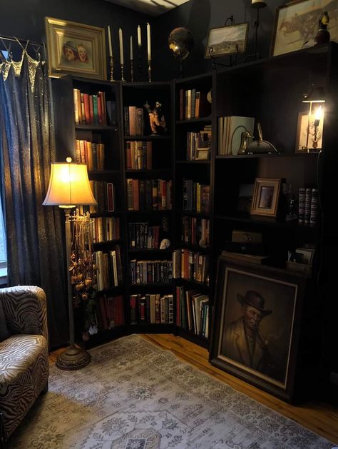 Cozy Gothic Home, House Decor Dark Academia, Dark Academia Book Nook, Dark Academia Sitting Room, Goth Reading Nook, Southern Gothic Interior Design, Apartment Library Ideas, Apartment Dark Academia, Dark Desk Aesthetic