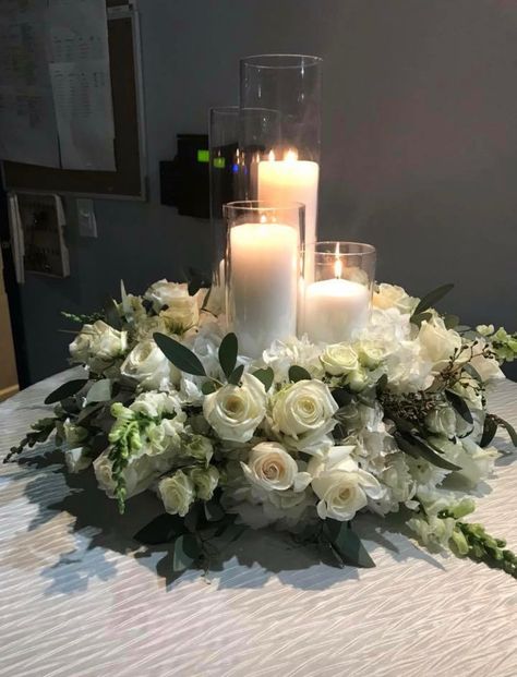 Center Wedding Pieces, Wedding Day Centerpieces, Semi Formal Centerpieces, Low Centerpieces Wedding Round Table With Candles, Flat Floral Centerpieces, Low Centerpieces With Candles, Center Piece For Wedding Round Table, Small Flower And Candle Centerpieces, Circular Table Wedding Centerpieces