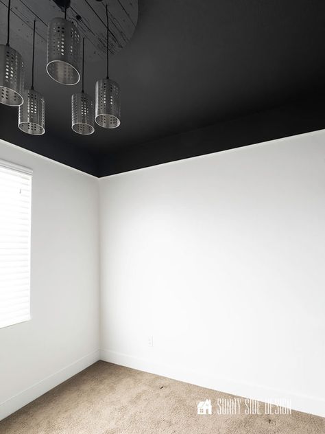 Black Ceiling Home Office, Gray Walls Black Ceiling, Black Room White Ceiling, White Room With Black Ceiling, Black Ceiling Room Ideas, White Bedroom Black Ceiling, Best Black Paint For Accent Wall, Black Room Ceiling, Black Ceiling Small Room