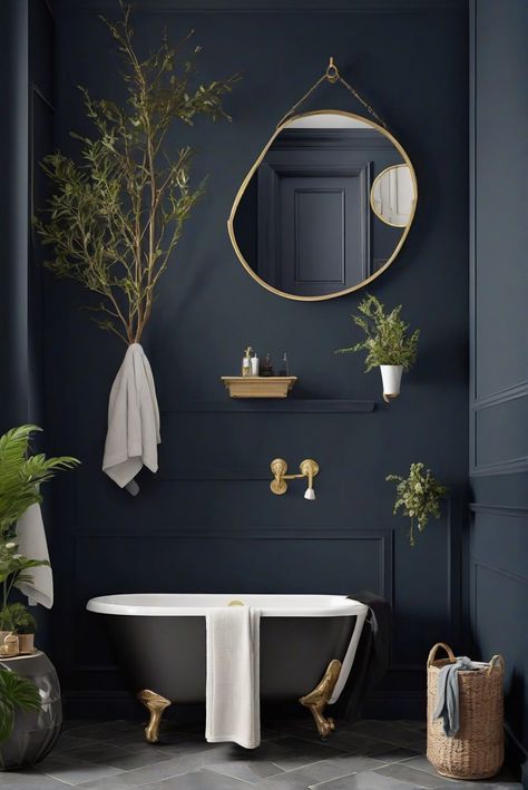 home decor interior design, home interior design, kitchen designs, interior bedroom design Behr Paint Bathroom Ideas, Bathroom With Dark Blue Walls, Dark Blue Master Bath, Dark Blue Wall Bathroom, Moody Navy Bathroom, Dark Trim Bathroom, Dark Paint For Bathroom, Blue Ensuite Bathroom Ideas, Dark Painted Bathroom Walls