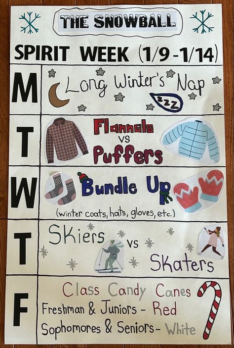 Spirit Themes High Schools, Frat Vs Farmer Spirit Week, Spirit Day Posters, School Spirit Week Ideas Highschool, Spirit Week Poster Ideas, Hoco Spirit Week Ideas, Fall Spirit Week Ideas, Winter Spirit Week Ideas, Spirit Week Posters