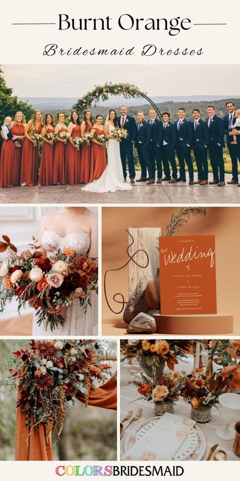 Wedding With Burnt Orange, Burnt Orange And Rust Wedding, Red Burnt Orange Wedding, Burnt Orange Bridal Dresses, Dusty Orange Wedding Theme, Burned Orange Bridesmaid Dresses, Wedding Theme Ideas Orange, Rust And Orange Wedding, Burnt Orange And Greenery Wedding