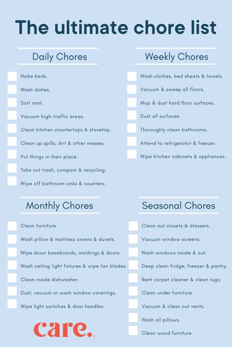 The ultimate household chore list - Care.com Resources Chore List With Prices, Roommates Chore Charts, Managing Household Chores, Master Chore List, Chores For Couples, Room Chore List, Bedroom Chore Checklist, How To Split Household Chores, Chores Organization Ideas