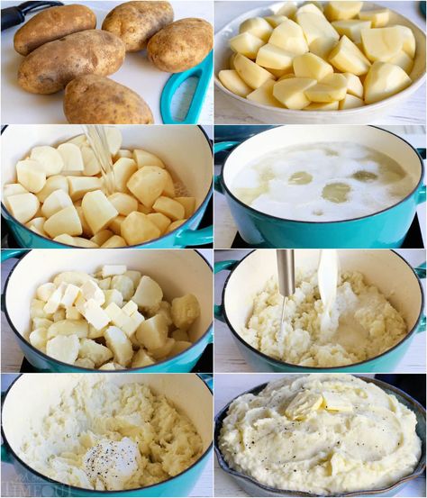 This absolute best Mashed Potatoes you'll every have! Creamy, fluffy, perfectly seasoned and full of rich flavor, this mashed potatoes recipe is going to quickly become the most requested side dish in your home! Fluffy, creamy and rich homemade mashed potatoes are everyone’s favorite side dish! This easy to follow recipe produces the best mashed potatoes you’ve ever tried! | Mom On Timeout British Mashed Potatoes, How To Make Mash Potatoes Easy, How To Boil Potatoes For Mashed, Mashed Potatoes Recipe No Sour Cream, Easy Best Mashed Potatoes, How To Make Home Made Mashed Potatoes, Creme Fraiche Potatoes, Mashed Potatoes Recipe Milk And Butter, Mashed Potatoes Recipe Chunky