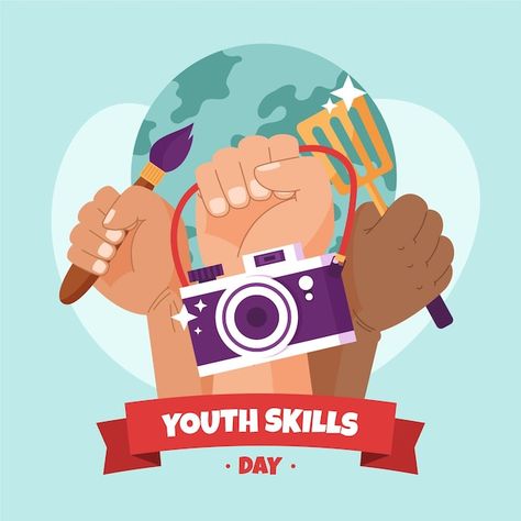 Flat world youth skills day illustration | Premium Vector #Freepik #vector #event #illustration #flat-design #youth World Youth Skills Day, Youth Skills Day, Event Illustration, Flat World, Day Illustration, Premium Vector, Graphic Resources, How To Draw Hands, Drawings