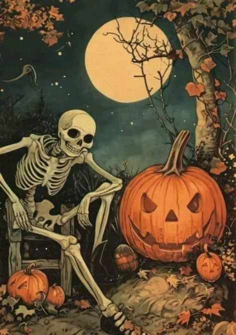 Pumpkin Skeleton Wallpaper, October Asthetic Picture, Vintage Halloween Illustration Art, Halloween Wallpaper Pattern, Vintage Halloween Art Wallpaper Iphone, Spooky Pumpkin Wallpaper, Vintage Halloween Printables Free, Vintage Halloween Wallpaper Iphone, Old Halloween