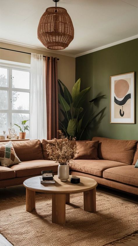 Earthy Color Living Room Ideas, Green Living Room Brown Couch, Earthy Living Room Brown Couch, Cozy Homey Living Room, Green And Clay Living Room, Earthy Mcm Living Room, Wall Color For Brown Couch, Desert Color Scheme Living Room, Sage And Coral Living Room