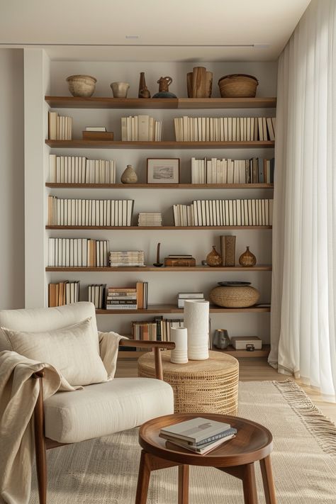 Less Furniture Living Rooms, Organized Interior Design, Minimal Aesthetic Home Decor, Interior Home Inspiration, Home Interior Design Apartments, Minimalism Home Design, Minimalistic Wall Design, Living Room Display Ideas, Living Room Decor Books