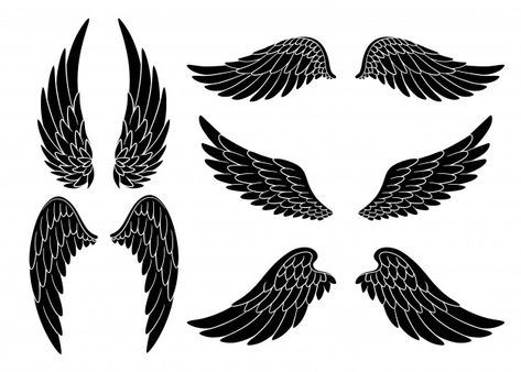 Set of hand drawn bird or angel wings of... | Premium Vector #Freepik #vector #bird #black #angel #feather Angel Wings Tattoo On Back, Wing Tattoos On Back, Wings Sketch, Feather Icon, Angel Wings Drawing, Eagle Silhouette, Black Angel Wings, Zestaw Ikon, Creative Juice