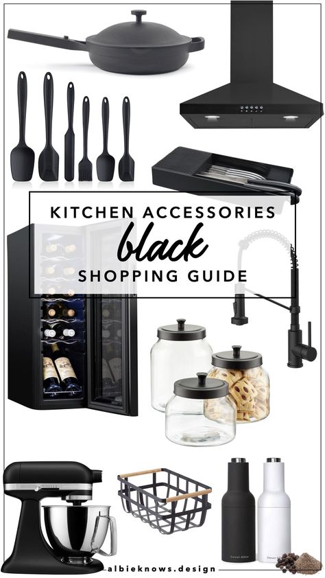 Black Kitchen Cookware, Black And White Modern Kitchen Decor, Black Kitchen Gadgets, Dark Kitchen Accessories, Black Accessories Kitchen, Black And Grey Kitchen Accessories, Black Aesthetic Kitchen Decor, Feminine Kitchen Decor, Grey And Black Kitchen Decor