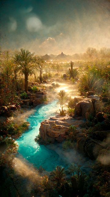 Fantasy Desert Oasis, Hidden Oasis, Magical Landscape, Desert Aesthetic, Relaxing Nature, Desert Oasis, Fire Nation, Earth Art, Ex Machina