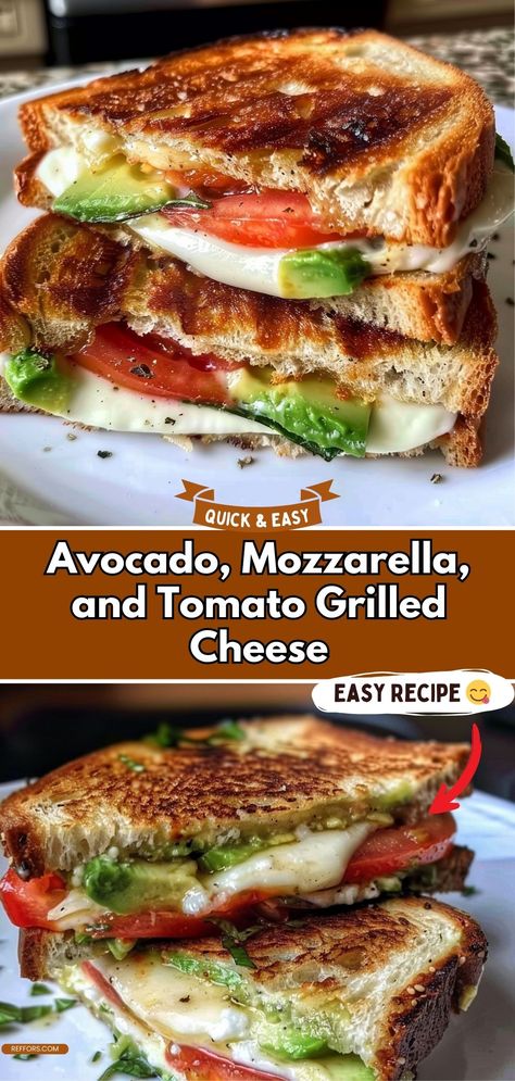 Upgrade your grilled cheese with creamy avocado, fresh mozzarella, and ripe tomatoes. This Avocado, Mozzarella, and Tomato Grilled Cheese is a delicious, gourmet twist on a classic favorite. #GrilledCheese #GourmetSandwich #EasyLunch Avocado Tomato Grilled Cheese, Tomato And Avocado Sandwich, Avacodo Mozzarella Tomato Grilled Cheese, White Cheddar Grilled Cheese, Grilled Cheese Mozzarella, Gourmet Lunch Recipes, Avocado Cheese Sandwich, Sourdough Sandwich Recipes Healthy, Avocado Mozzarella Tomato Grilled Cheese