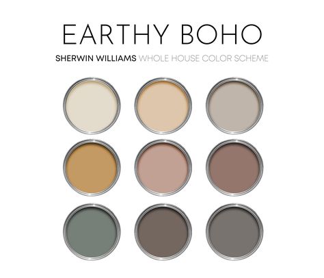 This listing is for an Earthy Boho paint palette, created with Sherwin Williams paint colors. I have carefully selected a range of 9 colors for this palette, and included options for walls, trim, furniture, cabinets and doors.  Sherwin Williams has hundreds of paint colors, each with their own unique undertones. This can make choosing the right paint colors hard. The colors in this collection were carefully selected to coordinate with each other - this makes choosing the right paint colors a lot Whole House Color Scheme, Boho Paint Colors, Neutral Interior Paint Colors, Boho Color Scheme, Sherwin Williams Paint, Interior Design Paint, Earthy Home, House Color Palettes, Paint Sheen