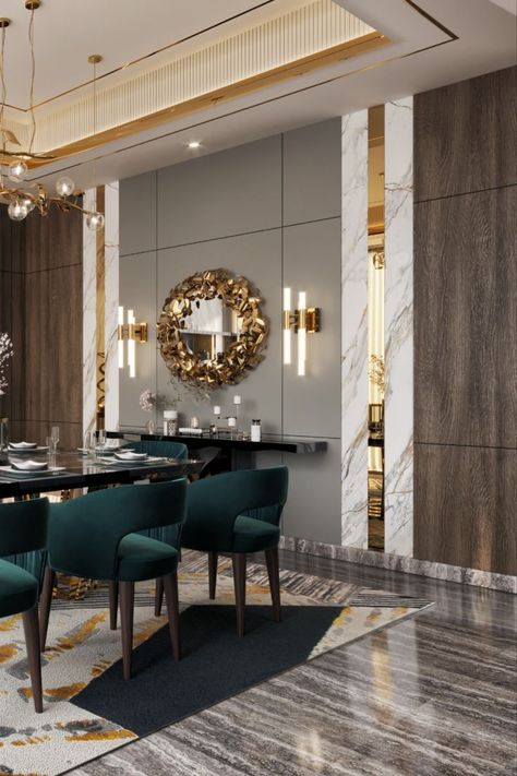 Gold accent dining room Dining Room Design Luxury, Dining Area Design, Dining Room Design Modern, Luxury Dining Room, Contemporary Furniture Design, Contemporary Dining Room, Living Room Ceiling, Luxury Dining, Modern Dining Room