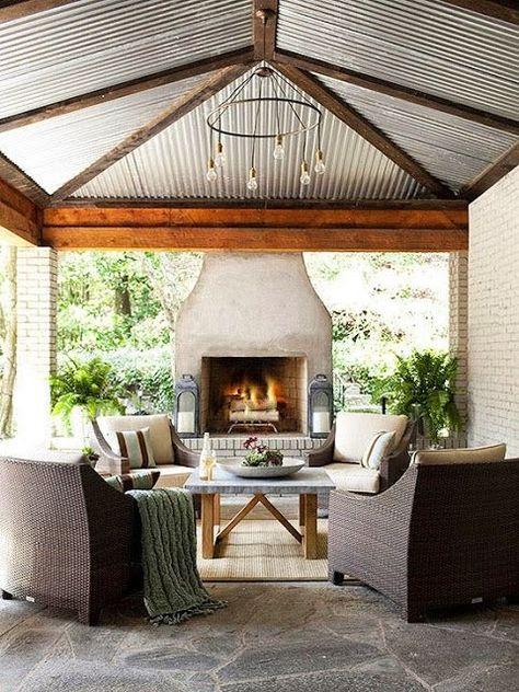 Modern Outdoor Living Space, Outdoor Living Space Design, Modern Outdoor Living, Outdoor Fireplace Designs, Backyard Fireplace, Patio Fireplace, Farmhouse Fireplace, Freestanding Fireplace, House With Porch