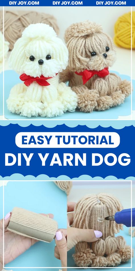 How To Make A DIY Yarn Dog Yarn Puppy Diy, Pompom Dog Diy, Dogs Made Out Of Yarn, Pom Pom Dog Diy, Easy To Make Stuffed Animals, How To Make Yarn Dolls Simple, Yarn Dogs Craft, Stuffed Animal Crafts, Diy Yarn Projects