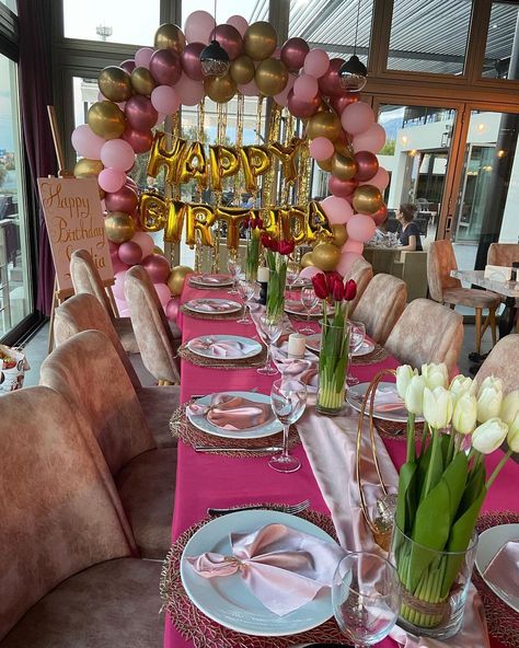 Birthday Decor At Restaurant, Birthday Banquet, Birthday Lunch Restaurant, Birthday Party Restaurant Decorations, Restaurant Birthday Party, 30 Birthday Dinner Party Table Settings, At Home Birthday Dinner, Pink Themed Dinner Party, Pink Birthday Dinner Decor