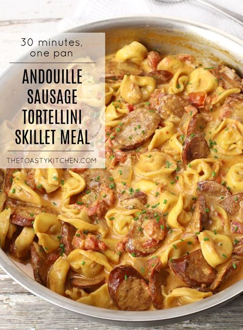 Large Recipes Families, Cajun Andouille Sausage Pasta, Easy Firehouse Meals, Cajun Style Andouille Sausage Recipes, Andoullie Sausage Recipes, Tortellini Kielbasa, Pierogi And Sausage Recipe, Andouille Recipes, Smoked Sausage Tortellini