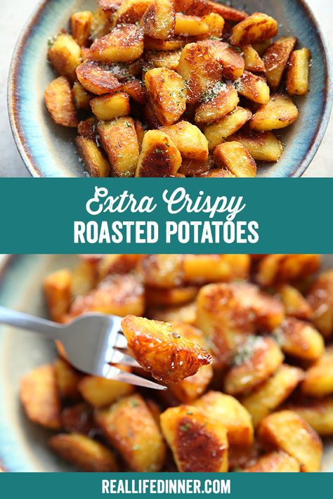 Extra Crispy Roasted Potatoes ~ https://reallifedinner.com The Best Crispy Roast Potatoes Ever, Extra Crispy Roasted Potatoes, 4 Ingredient Crispy Roasted Potatoes, Extra Crispy Potatoes, Crispy Oven Roasted Potatoes Baking Soda, Low Calorie Roasted Potatoes, Roasted Potatoes For A Large Crowd, Buttery Roasted Potatoes, Oven Roasted Crispy Potatoes