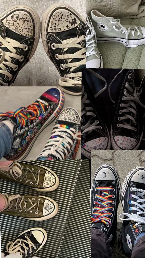 Stuff To Write On Converse, Sneaker Decoration Ideas, Converse With Drawings On Them, Therian Converse, Converse Crafts, Star Shoe Lace Pattern, Shoe Lace Patterns Step By Step, Custom Converse Ideas, Drawn On Converse