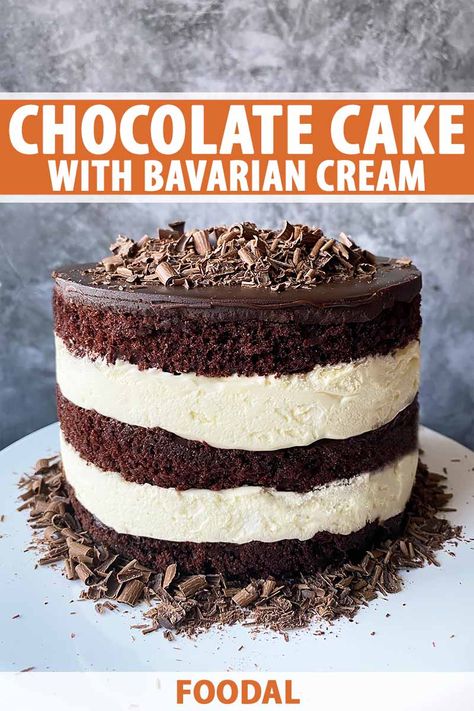 Looking for a unique cake recipe? Forget the frosting, and try our rich chocolate cake layered with a light and airy homemade vanilla Bavarian cream. Finished with silky ganache, this is an indulgent dessert with a one-of-a-kind look and taste. Learn how to make it now on Foodal. #chocolatecake #dessertideas #foodal Bavarian Cream Frosting, Bavarian Cream Recipe Layer Cakes, Bavarian Cream Dessert, Microwave Carmels, Chocolate Cake With Vanilla Frosting, Cake Filling Ideas, Bavarian Cream Filling, Chocolate Filling For Cake, Cake Shake