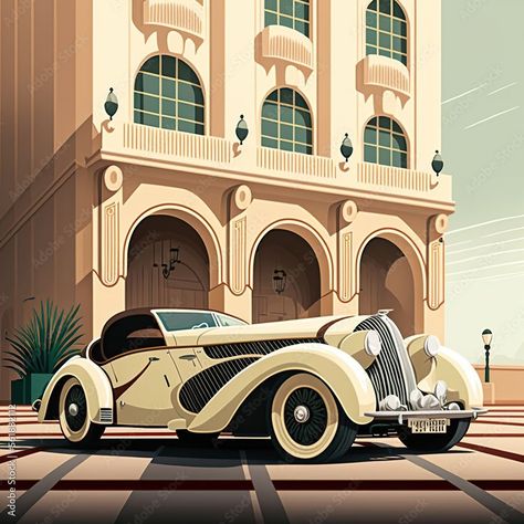 Art Deco Vehicles, Artdeco Art Design, Gatsby Artwork, Gatsby Car, 1920s Art Deco Posters, Art Deco Landscape, Art Deco Facade, Art Deco City, Art Deco Pictures