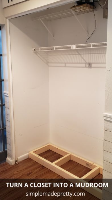 Turn Closet Into Mudroom Lockers, Porch Closet Organization, Mini Mudroom Entryway Closet, Mudroom From Closet, How To Build A Bench In A Closet, Built In Closet Mudroom, Built In Lockers Mud Rooms Diy, Closet To Mini Mudroom, Closets Into Mud Rooms