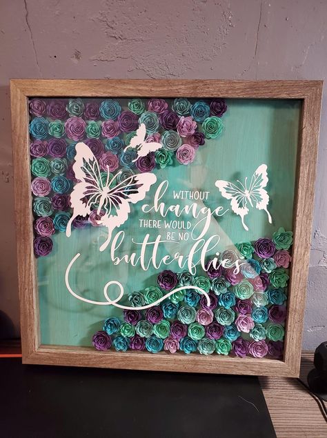 Flower Shadow Box Ideas Cricut, Butterfly Shadow Box Ideas, Rolled Flowers Shadow Box Ideas, Spring Shadow Box Ideas, Cricut Shadow Box Ideas With Flowers, Flower Shadow Box Ideas, Shadow Box Ideas, Cricket Joy Projects Craft Ideas, Make Your Own Stencils