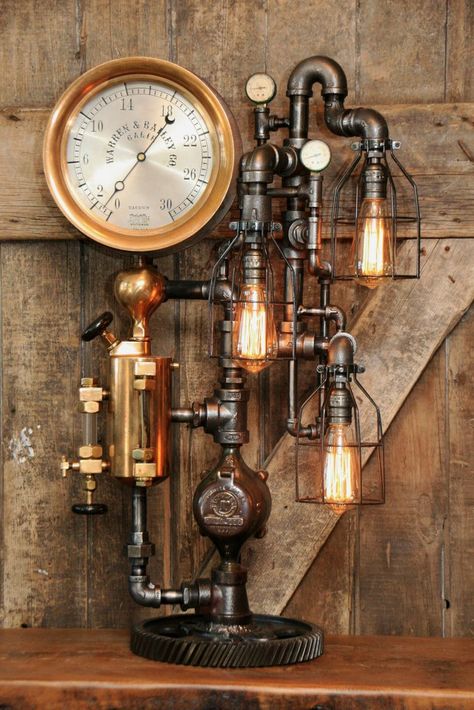 This design is made to order and will take about 4 weeks to ship,  Feel free to call and discuss options and timelines.  We will use a similar… Pipe Lights, Décor Steampunk, Steampunk Lights, Lampe Steampunk, Industrial Pipe Lamp, Steampunk Furniture, Steampunk House, Steampunk Industrial, Steampunk Lighting