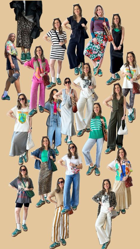 Collage or various different women wearing spring and summer outfits with green Adidas gazelle sneakers. Green Adidas Shoes Outfit, Adidas Outfit Summer, Green Adidas Gazelle, Adidas Gazelle Green, Green Shoes Outfit, Platform Sneakers Outfit, Adidas Gazelle Outfit, Platform Outfit, Sneakers Outfit Summer