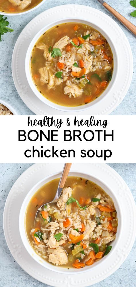 bone broth chicken soup with brown rice in a white bowl. Bone Broth Recipe Chicken, Broth Chicken Soup, Bone Broth Soup Recipes, Bone Broth Chicken, Chicken Bone Broth Recipe, Chicken Crock Pot, Chicken Soup Crockpot, Broth Chicken, Bone Broth Soup