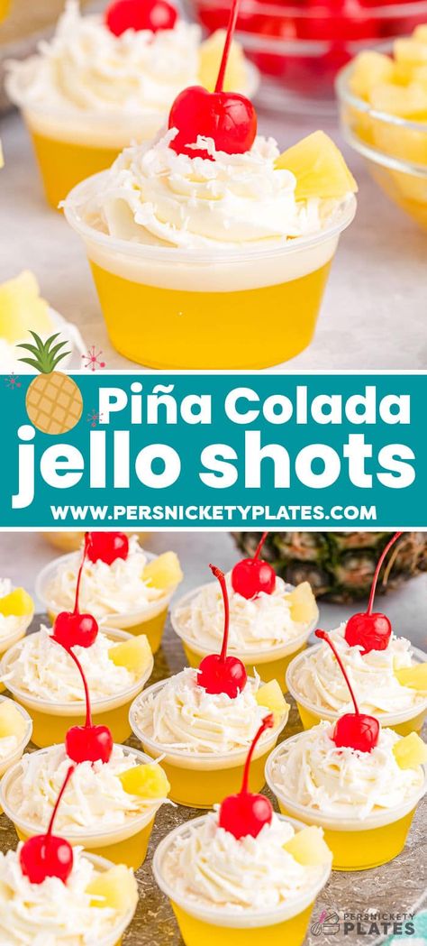 Pina Colada Dessert Cups, Pina Colada Appetizer, Alcoholic Treats Party, Jello Shots Pina Colada, Yellow Jello Shots Recipe, Football Party Drinks Cocktails, Everyone Brings A Drink Party, Boozy Pineapple Bites, Yellow Jello Shots