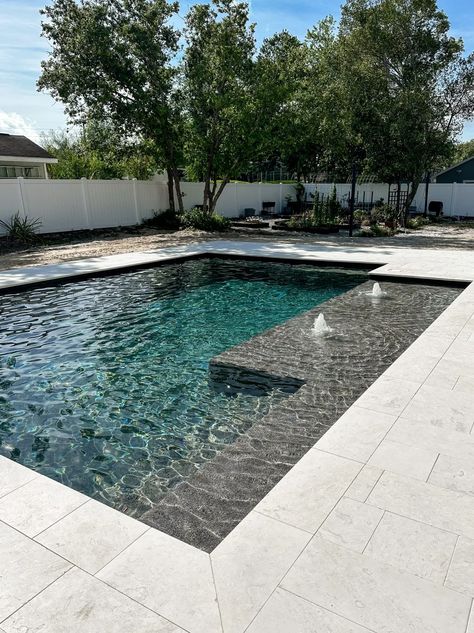 Small Kidney Shaped Pool Backyards, Pool With Tiles, Modern Pool Colors, 12x25 Pool, L Shape Pool With Tanning Ledge, Black Fiberglass Pool, 20x40 Pool Ideas, Medium Pool Designs, Pool Finishes Colors