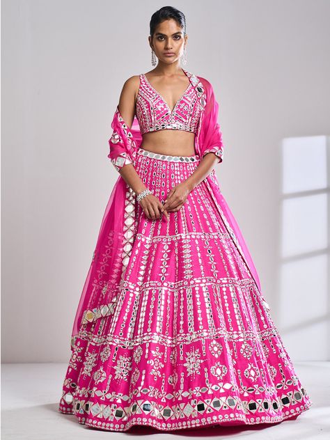 Fuchsia Mirror Work Lehenga Set | Seema Gujral Lehenga Designs 2023, Hot Pink Mirror, Best Bridal Lehenga, Pink Bridal Lehenga, Seema Gujral, Mirror Work Lehenga, Bridal Lehenga Designs, Raw Silk Lehenga, Lehenga Blouse Designs