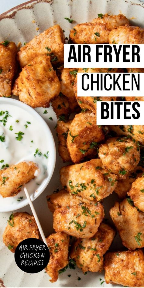 Air-fried chicken bites served with a side of dipping sauce. Chicken In The Airfryer, How To Cook Raw Chicken In Air Fryer, Quick Chicken Recipes Air Fryer, Meat In Air Fryer Ideas, Air Fryer Chicken Salad, Air Fryer Pickle Chicken, Healthy Air Fry Chicken, Chicken Breast Airfryer Recipe, Chicken Parmesan Bites Air Fryer