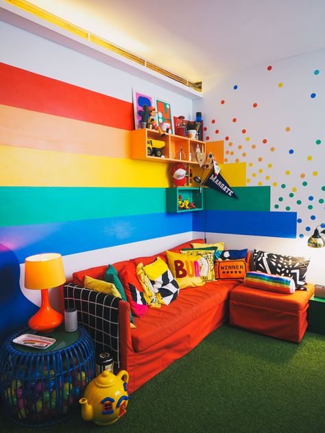 big bit margate super colourful house tour unicorn home airbnb polka dot walls rainbow walls red sofa fun cushions home made Colourful Playroom Ideas, Kids Colorful Bedroom, Colorful Kids Room Boy, Boys Rainbow Bedroom, Colorful Bedroom Walls, Kids Rainbow Bedroom, Rainbow Bedrooms, Rainbow Accent Wall, Colorful Boys Room