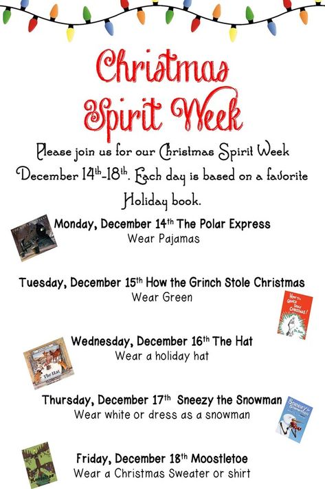 Christmas Spirit Week Ideas For Preschool, December Spirit Week, September Spirit Week Ideas, Christmas Spirit Week Ideas For Daycare, Holiday Spirit Week Ideas School, Spirit Week Kindergarten, Winter Spirit Week Ideas Highschool, 12 Days Of Christmas Dress Up Ideas For School, December Dress Up Days For School