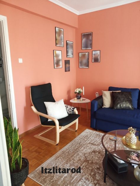 Salmon Accent Wall Living Room, Salmon Pink Living Room, Peach Wall Paint Living Room, Salmon Color Living Room, Peach Sofa Living Rooms, Salmon Wall Color, Salmon Color Bedroom, Peach Living Room Walls, Salmon Living Room