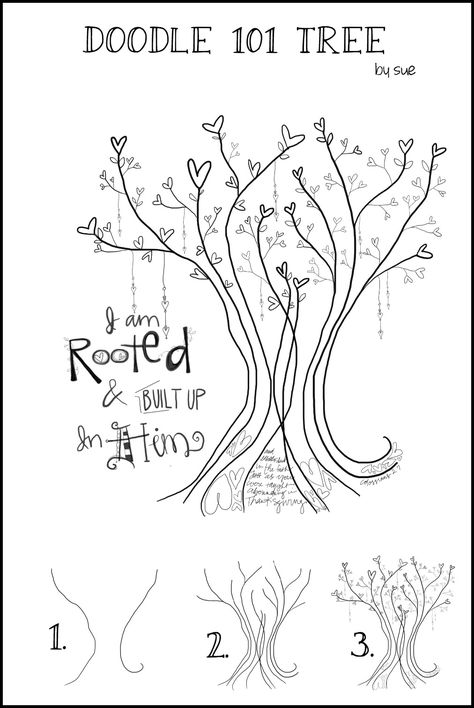 I love that here in Colossians it says that we are not only established in faith through our ROOTS (in Christ), but we are also BUILT UP! Can't we ALL use a little BUILDING UP?! I am praying that w... Doodle Tree, Doodle 101, Doodle Bible, Scripture Doodle, Bible Journaling Ideas Drawings, Bible Doodling, Bible Study Journal, Illustrated Faith, Doodle Lettering